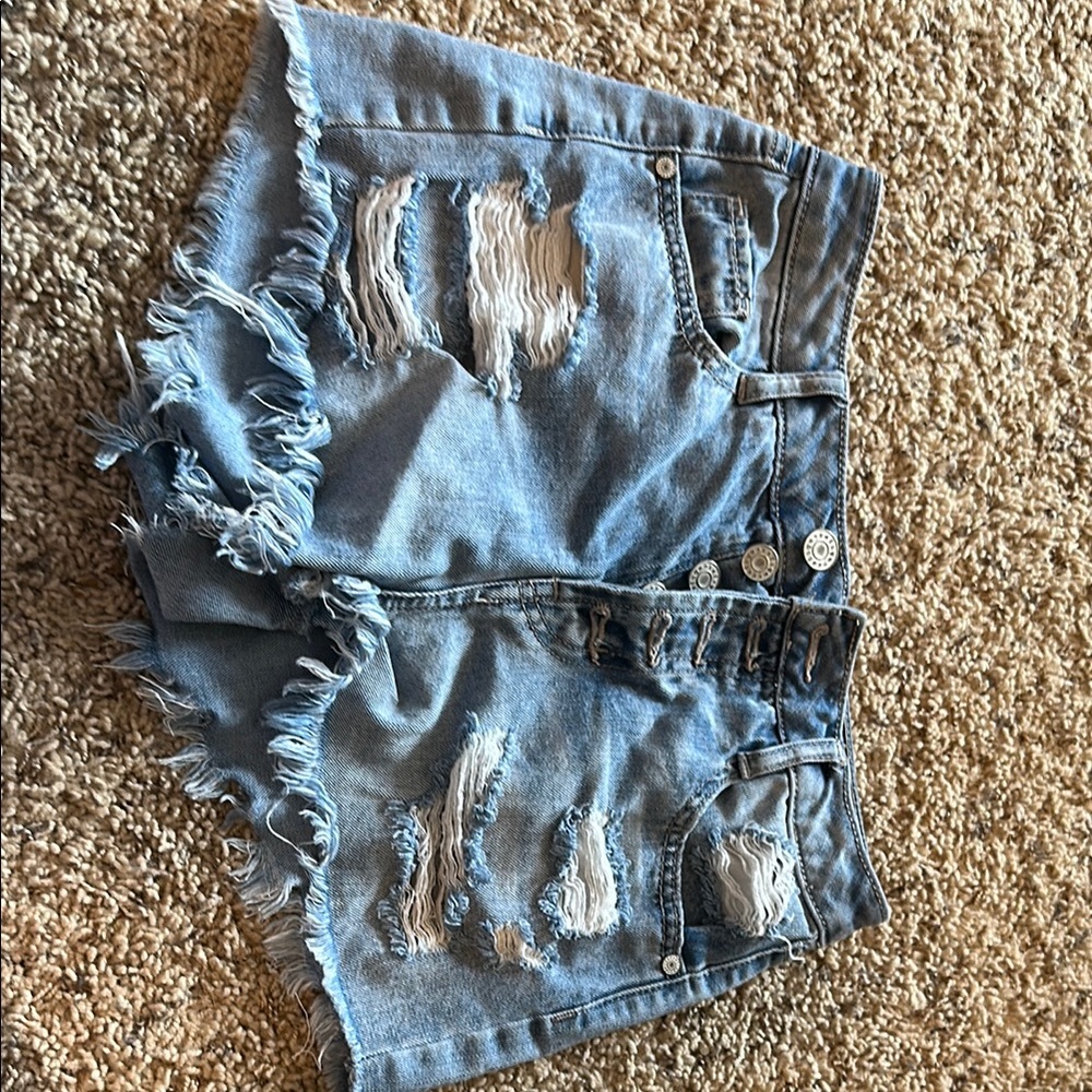 Refuge Blue Jean Shorts with Trendy Frayed Hem